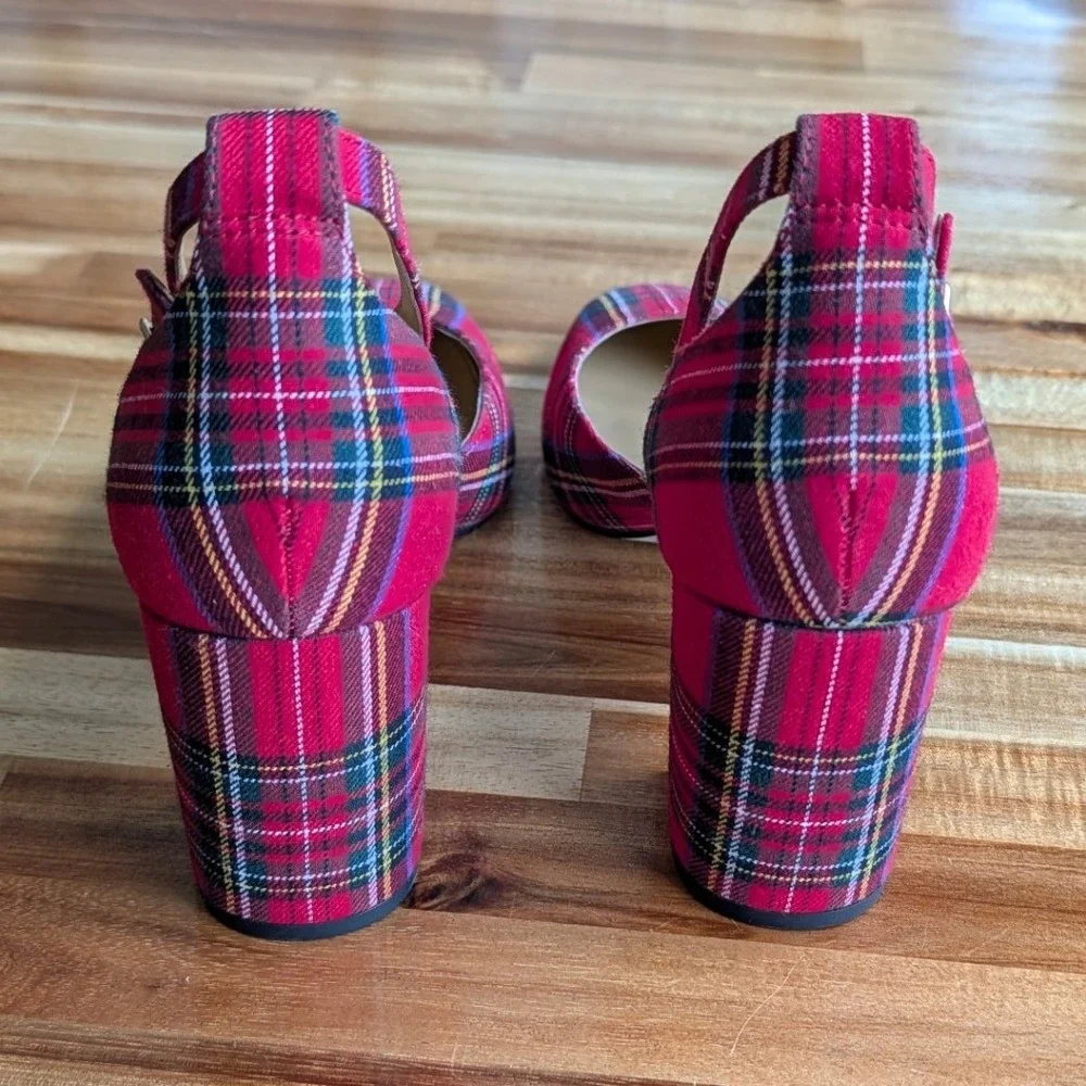 J.Crew Womens Red Plaid Tartan Block Heel Ankle Strap Pumps Size 8